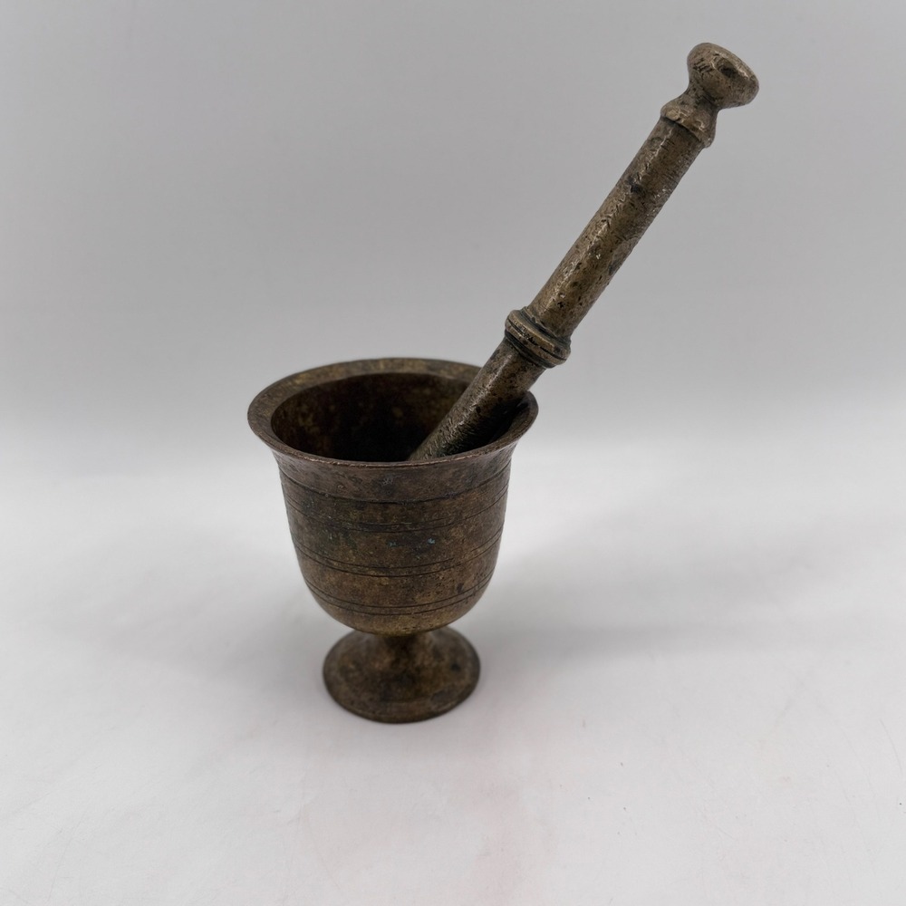 Antique Heavy Brass Apothecary Mortar and Pestle 1.22 Kg Vtg Etched Unpolished